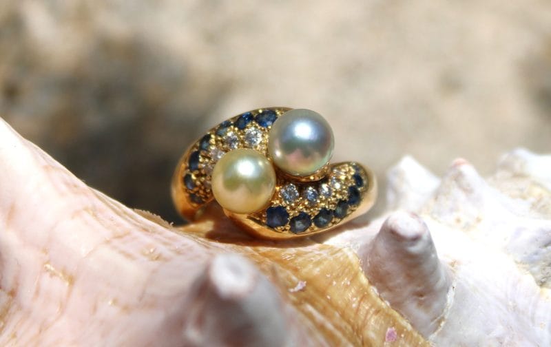 Bague Océane ✦ perles de culture irisées, diamants et saphirs