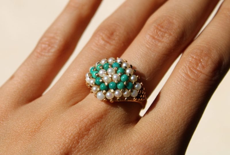 Bague New Delhi ✦ or jaune, turquoises et perles