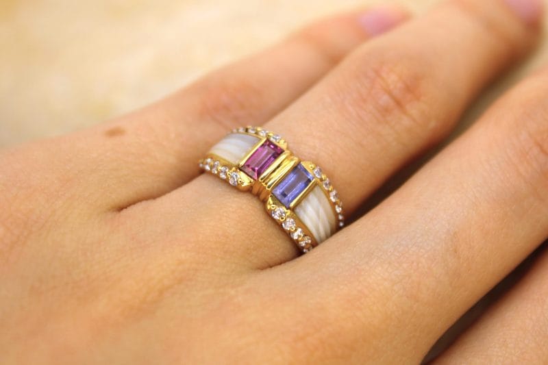 Bague Jasmine ✦ or jaune, nacre et pierres rose & mauve