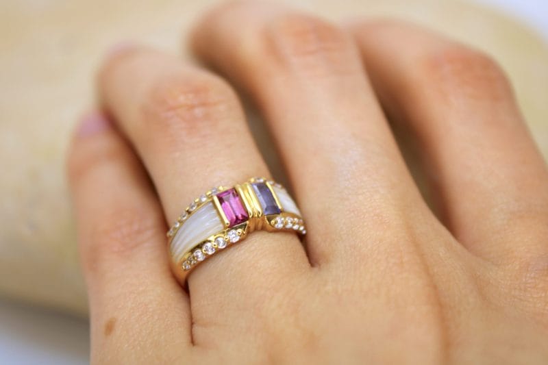 Bague Jasmine ✦ or jaune, nacre et pierres rose & mauve